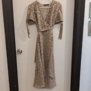 Simplee Blue And Gold Floral Wrap Maxi Dress